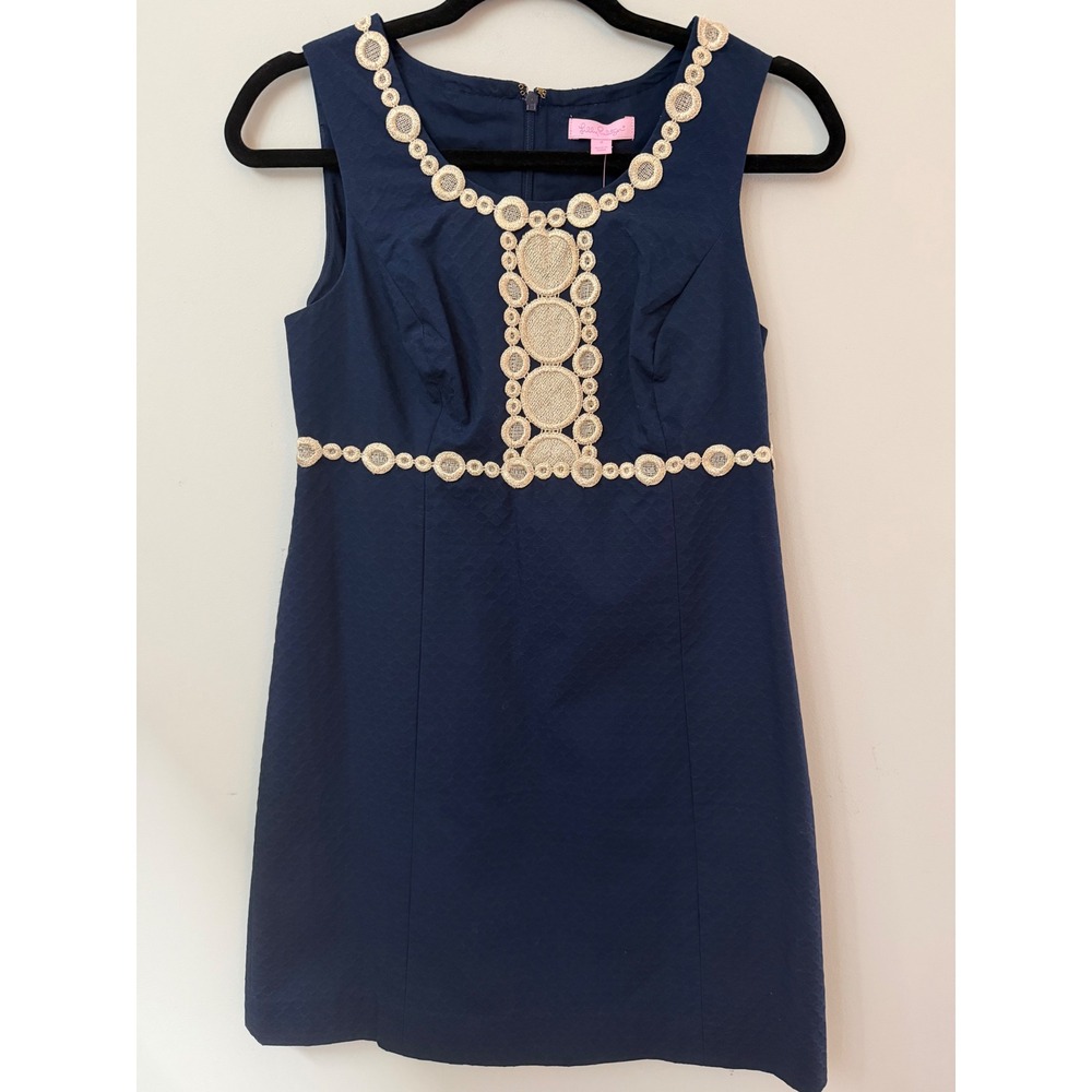 Lilly Pulitzer Navy Blue Crochet Trim Shift Dress Sleeveless Preppy Resort